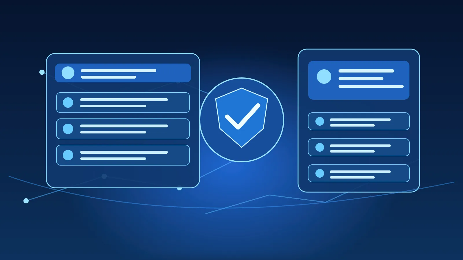 Abstract blue review panels connected through a privacy shield to responsible practice replies
