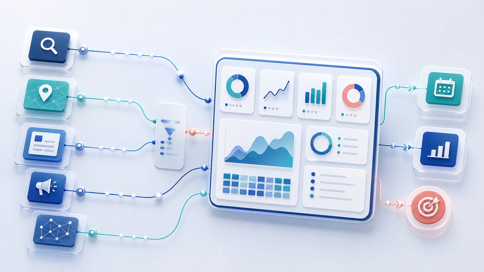 Abstract healthcare marketing measurement dashboard linking search, content, local visibility and conversion signals