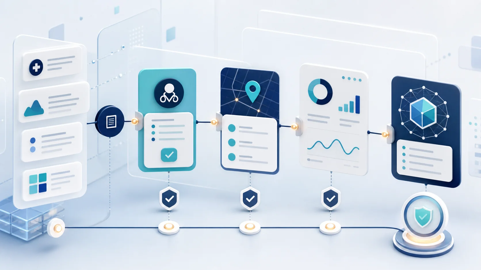 Abstract workflow showing healthcare content, local search, review gates and AI visibility signals