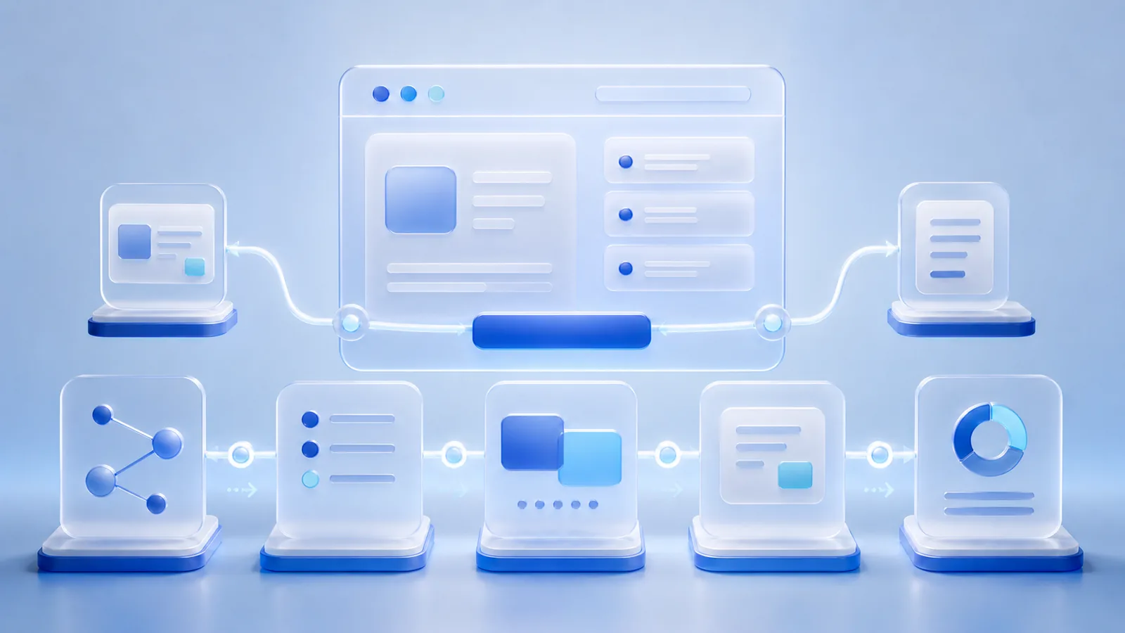 Abstract blue online doctor website journey linking provider identity, suitability, consultation, follow-up and terms