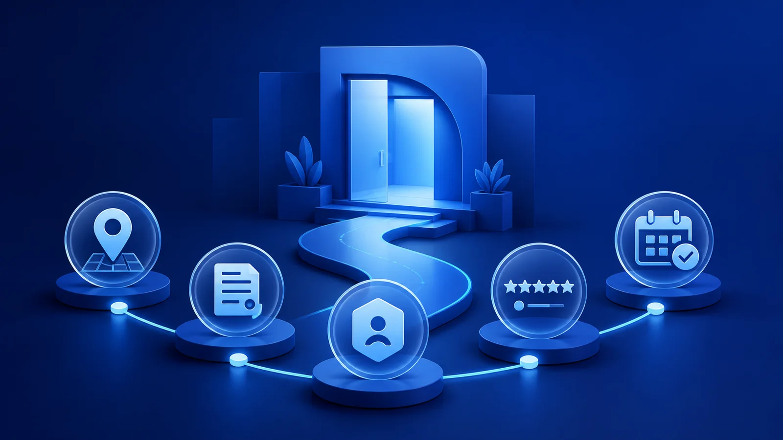 Abstract blue local search, trusted information, reviews and booking signals connected to a physiotherapy clinic doorway