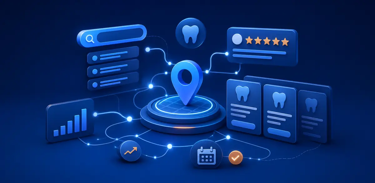 Abstract dental marketing system linking local search, treatment content, reviews and appointment booking