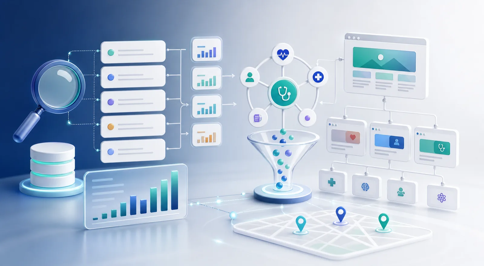 Abstract doctor SEO keyword research dashboard with topic clusters and search volume bars