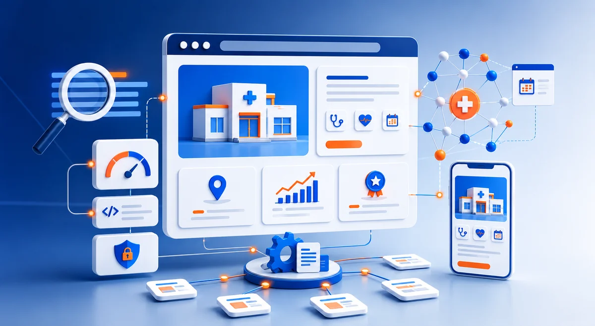 Abstract doctor website SEO dashboard with technical search and mobile optimisation panels