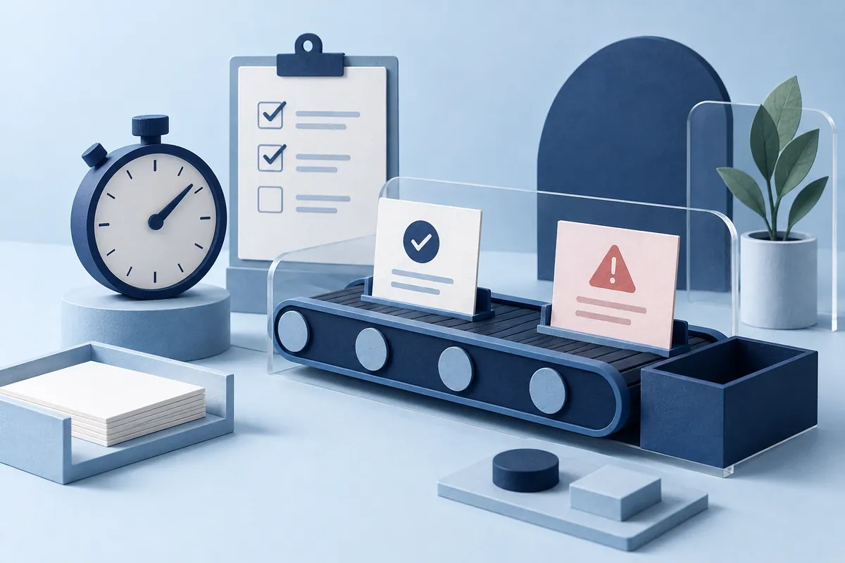 Healthcare automation pilot illustrated by a timer, task checks and an exception card.