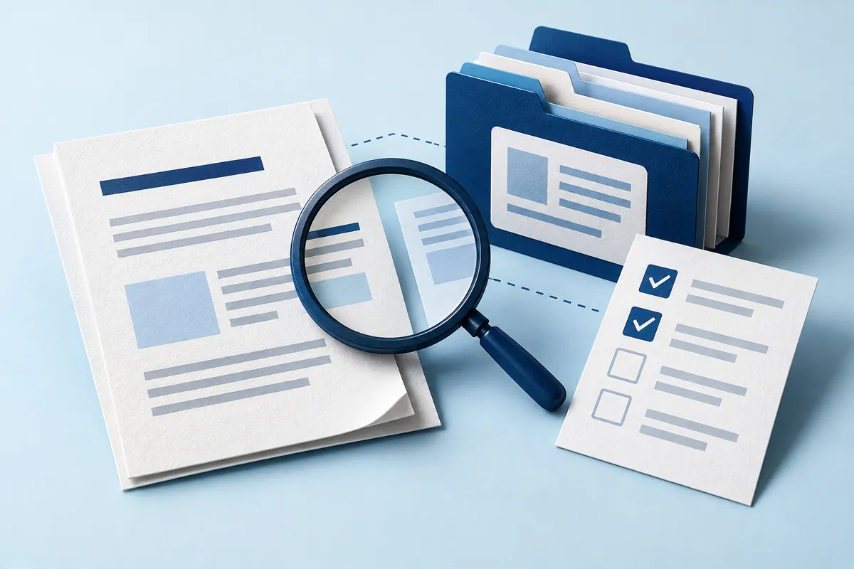 Healthcare AI review with a draft document, source folder, inspection lens and approval checks.