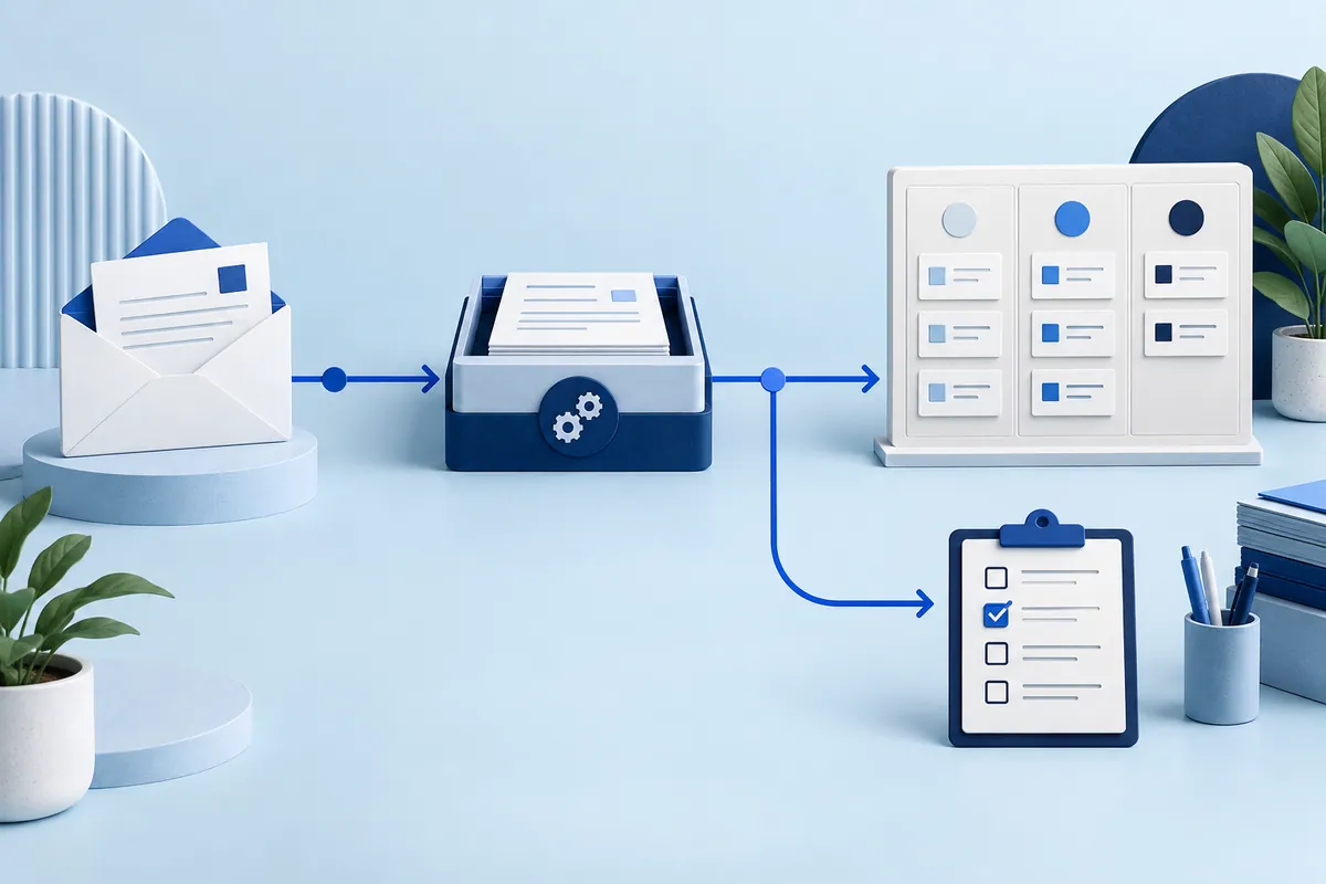 Healthcare workflow automation linking incoming messages, document processing and task review.