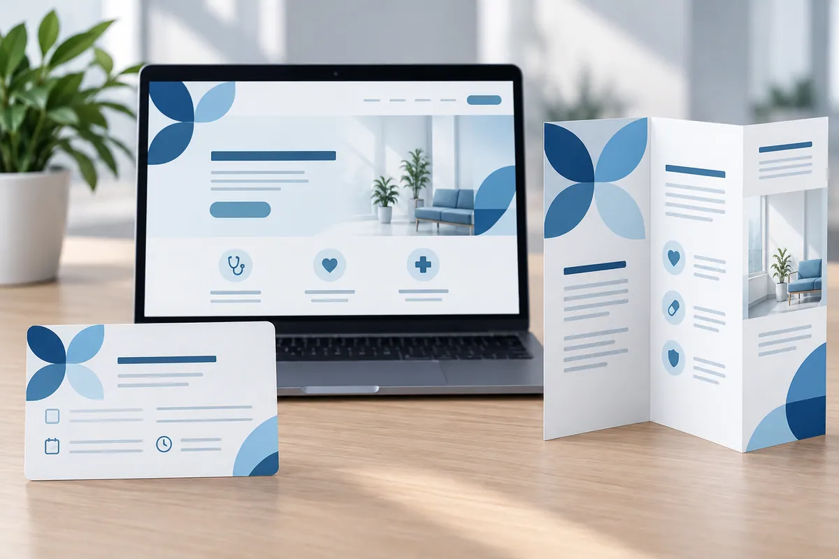 Healthcare brand consistency across a website, appointment card and information leaflet.