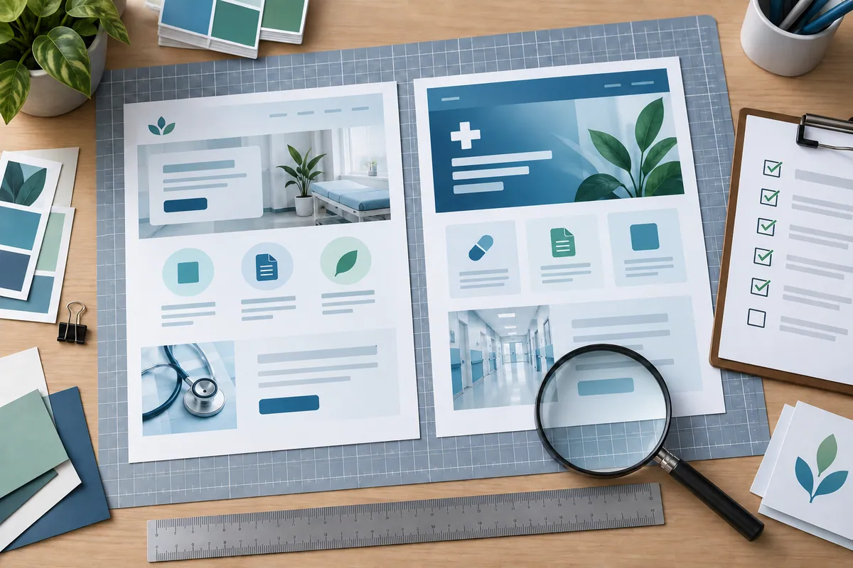 Healthcare design review comparing page layouts with a grid, magnifying lens and checklist.