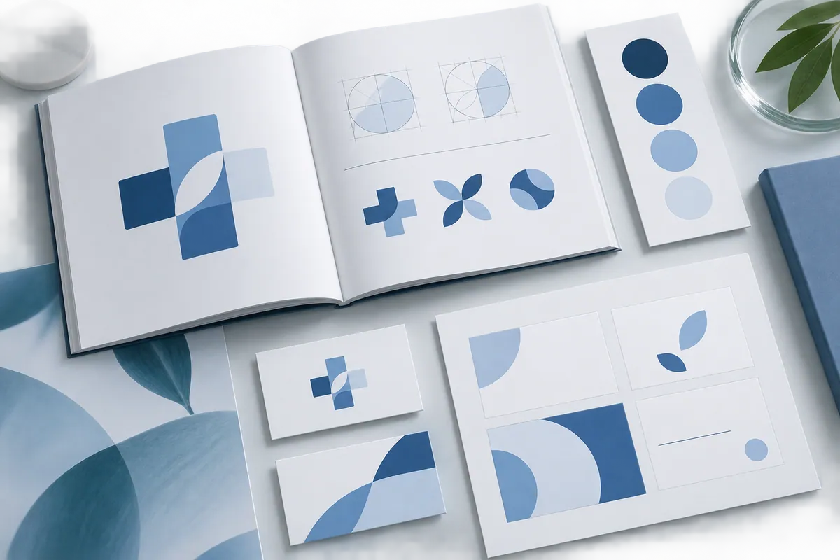Healthcare brand design kit with identity studies, colour swatches and layout guidelines.