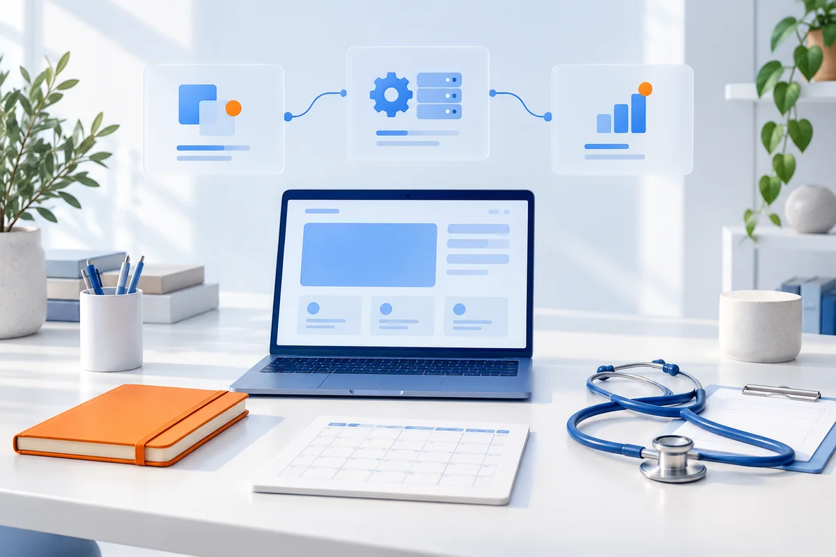 Doctor-led healthcare website planning with a stethoscope, appointment calendar and connected digital tools.
