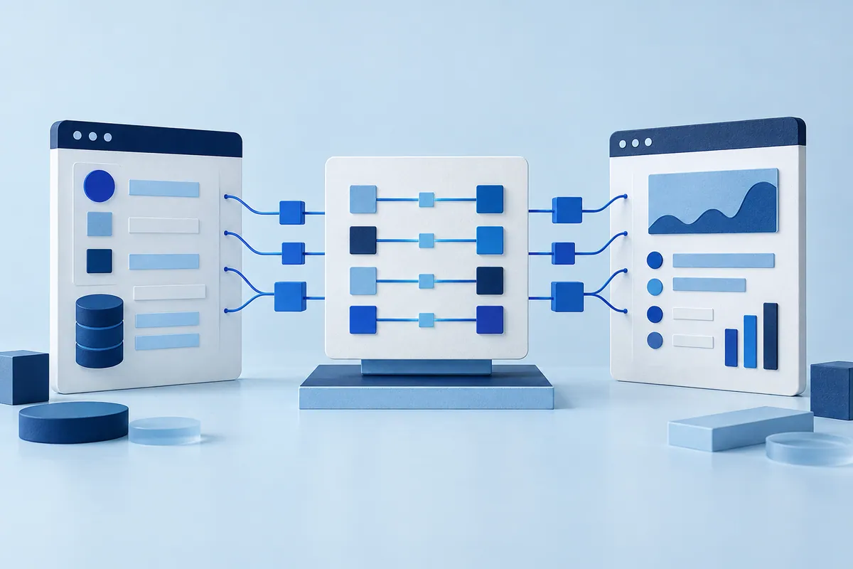 Healthcare data integration connecting two applications through a field-mapping board.