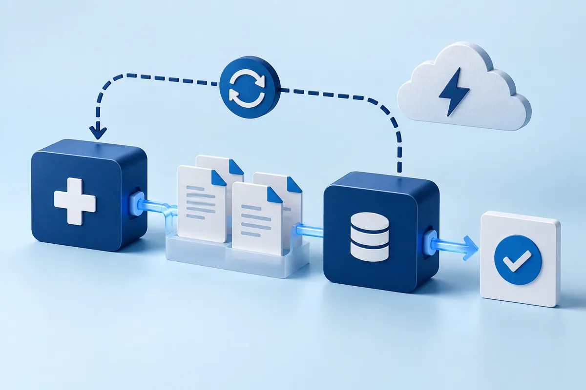 Healthcare integration recovery with queued records, a retry route and a receipt check.