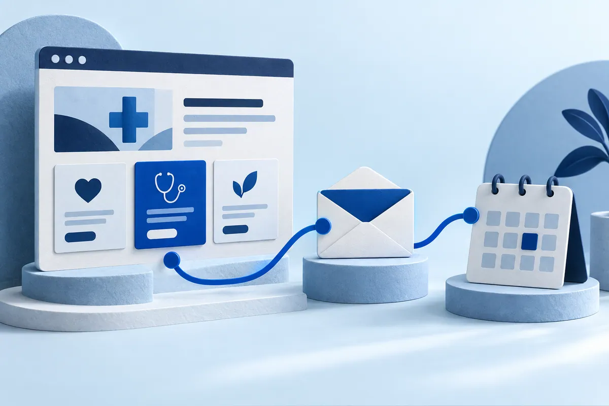 Healthcare marketing enquiry journey connecting a service page, message and appointment calendar.