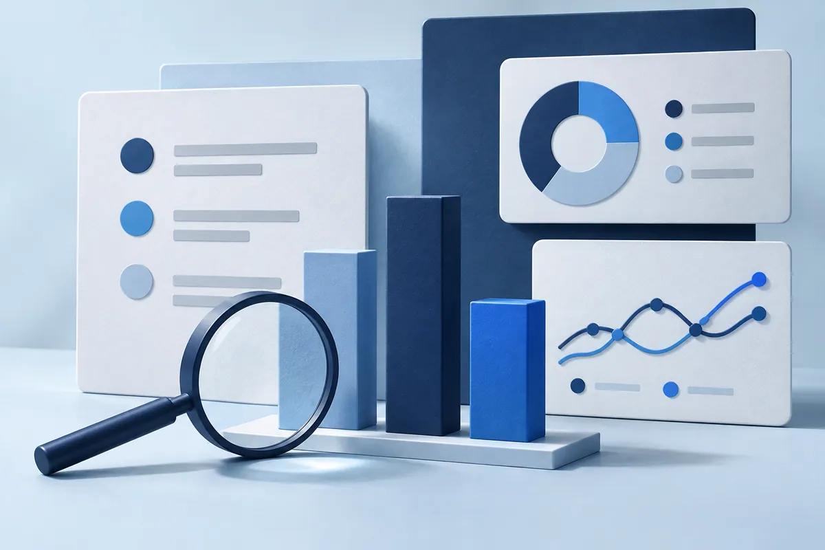 Healthcare marketing measurement illustrated by a dashboard, comparison bars and inspection lens.