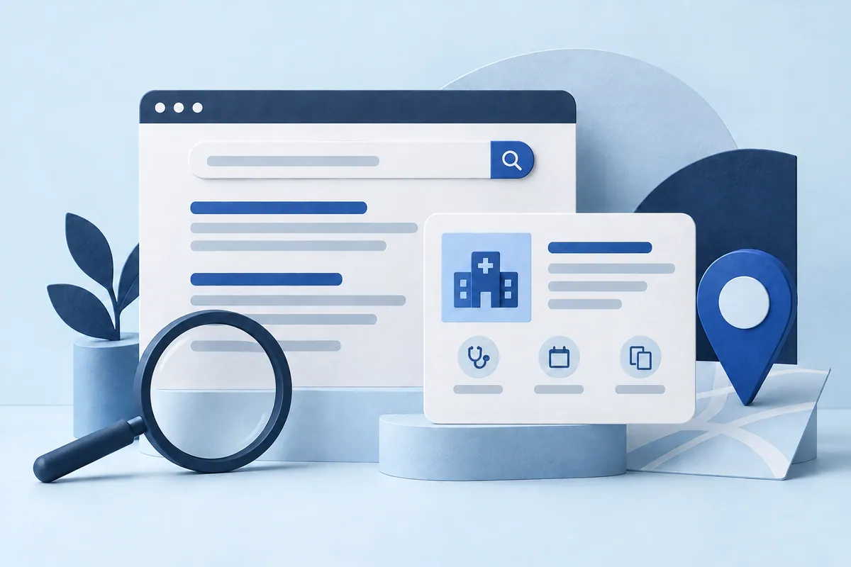 Healthcare SEO research with a search-results page, inspection lens, location pin and service card.