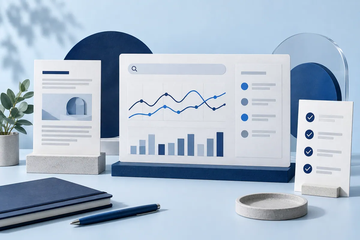 Healthcare SEO measurement with unnumbered reporting charts, a source document and review checklist.