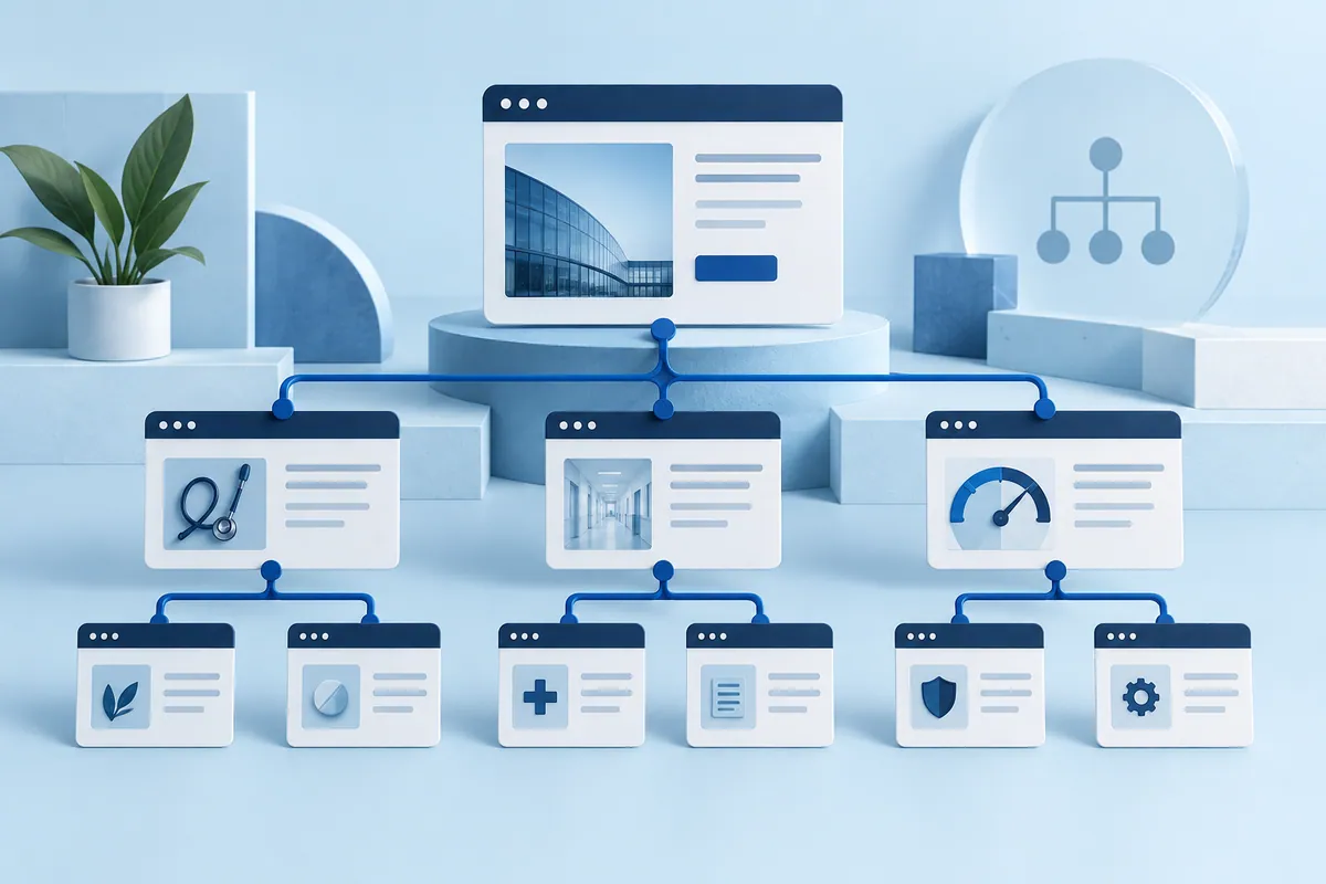 Healthcare technical SEO illustrated by a page hierarchy and connected internal links.