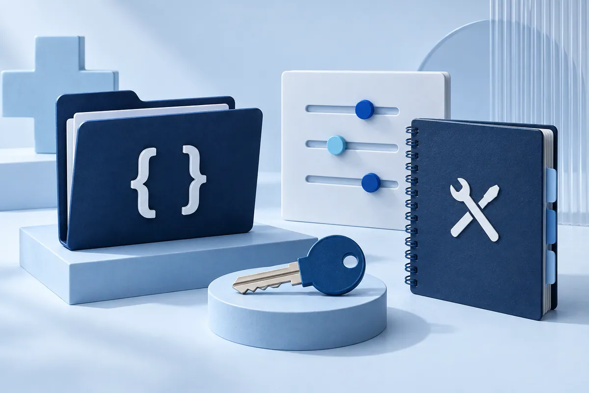 Healthcare software handover with a code folder, configuration controls, key and maintenance notebook.