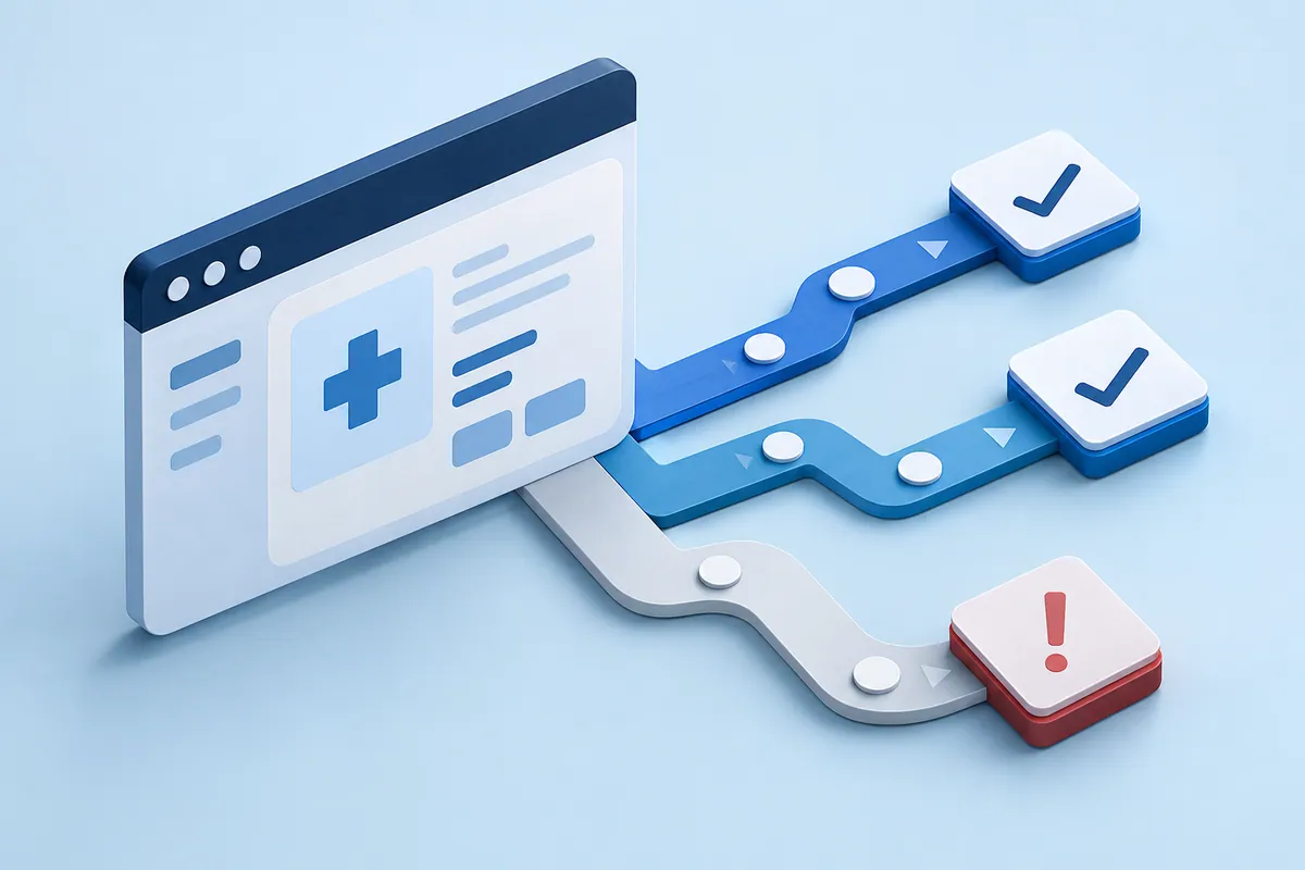 Healthcare software testing with normal paths and a separate exception route.