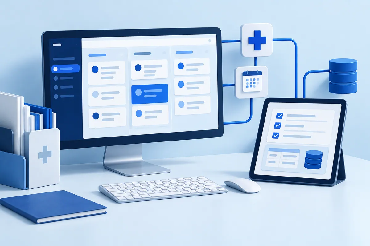 Healthcare software workflow connecting task cards, a checklist and a database.