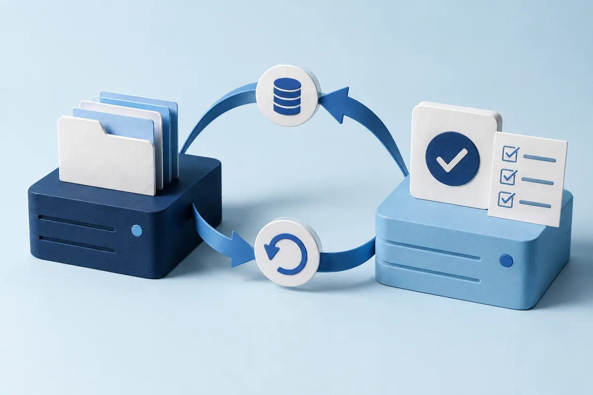 Healthcare backup and recovery illustrated by storage copies, an archive folder and a restoration route.