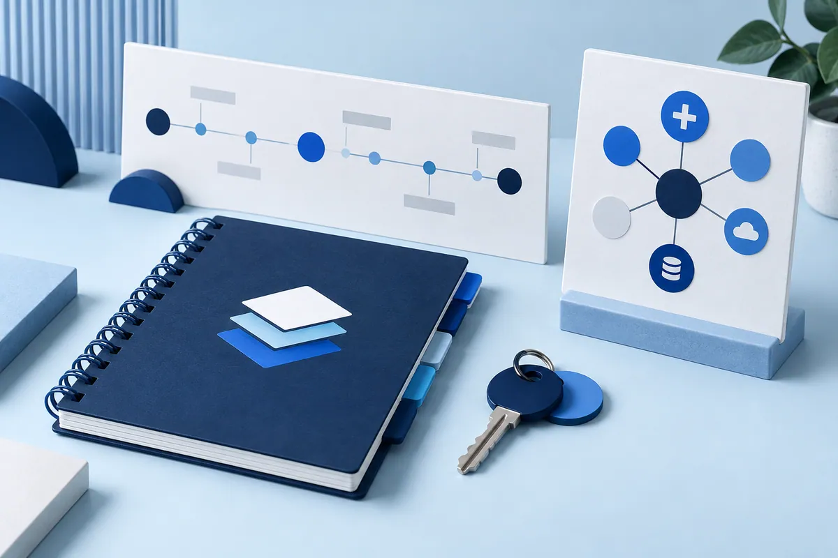 Healthcare digital support handover with an inventory, key, incident timeline and dependency map.
