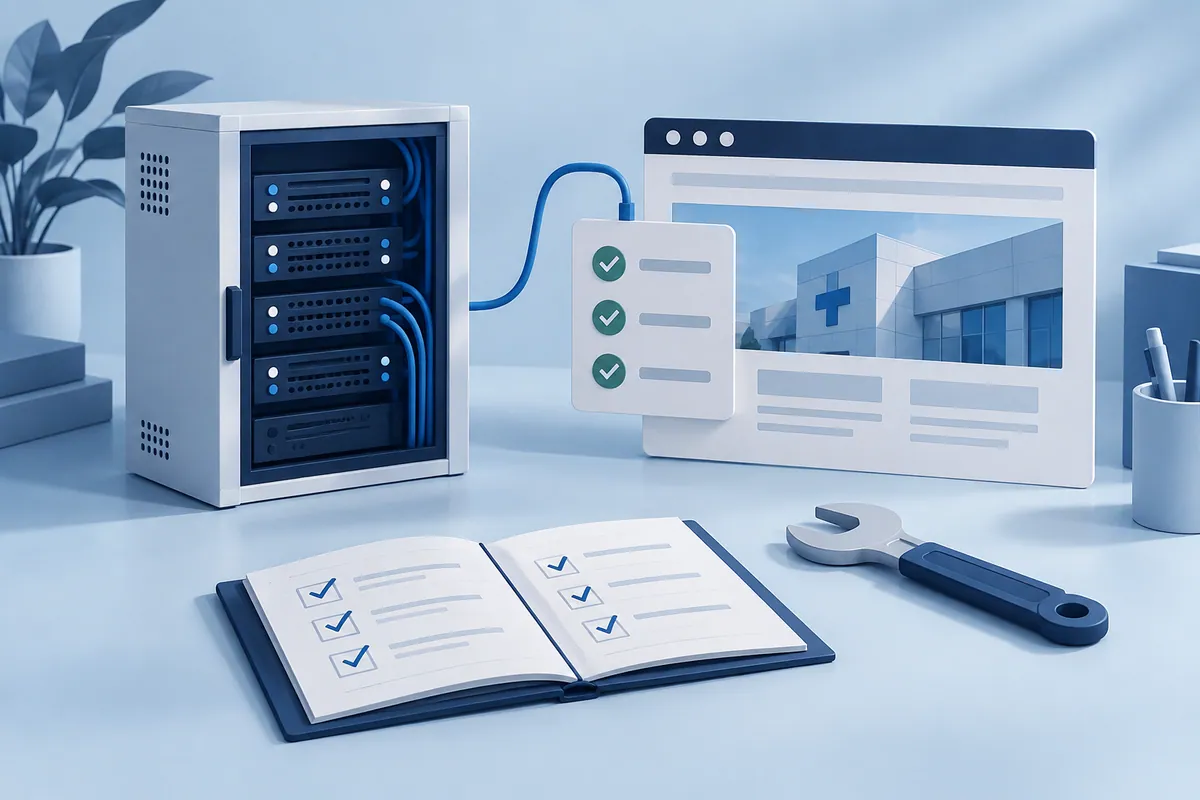 Healthcare website maintenance with infrastructure, a status panel, tools and an operational checklist.