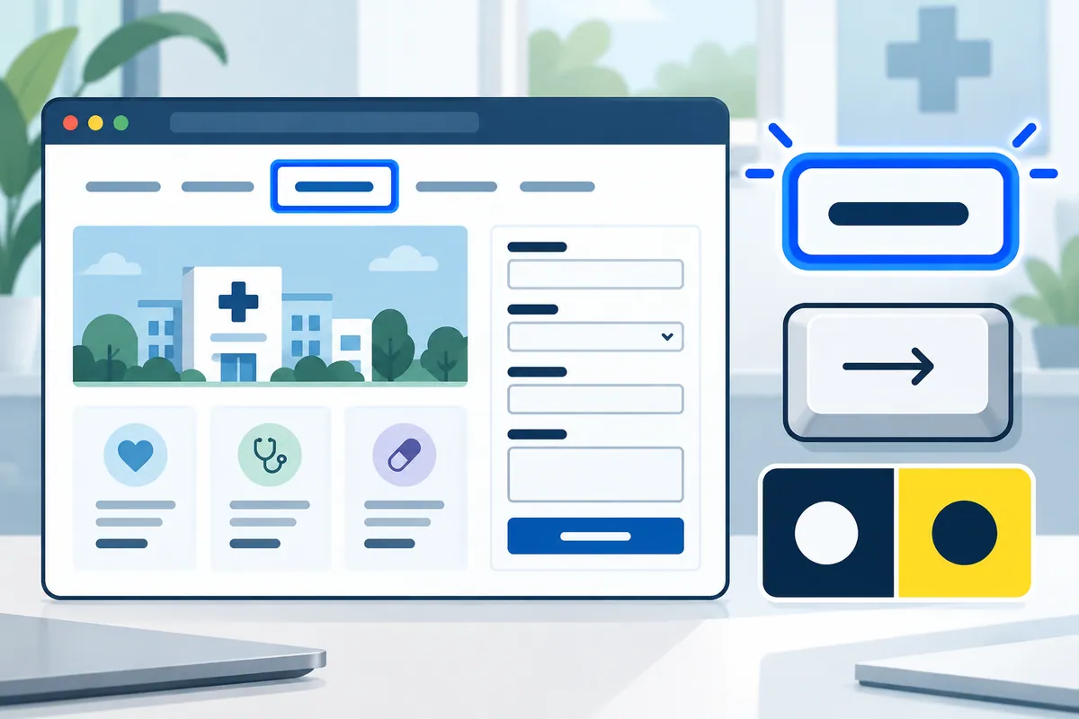 Healthcare website accessibility illustrated by a focus outline, keyboard key, contrast samples and form.