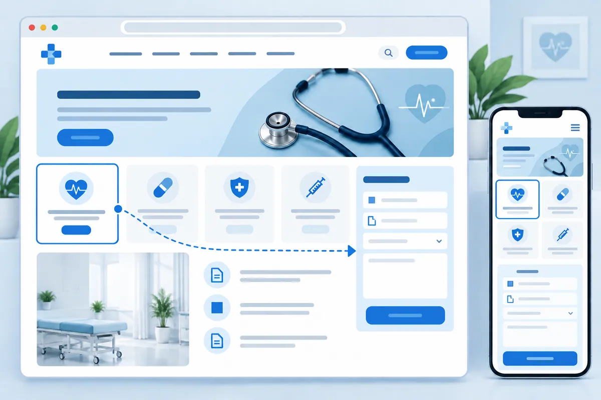 Healthcare website design showing connected desktop and mobile service and enquiry layouts.