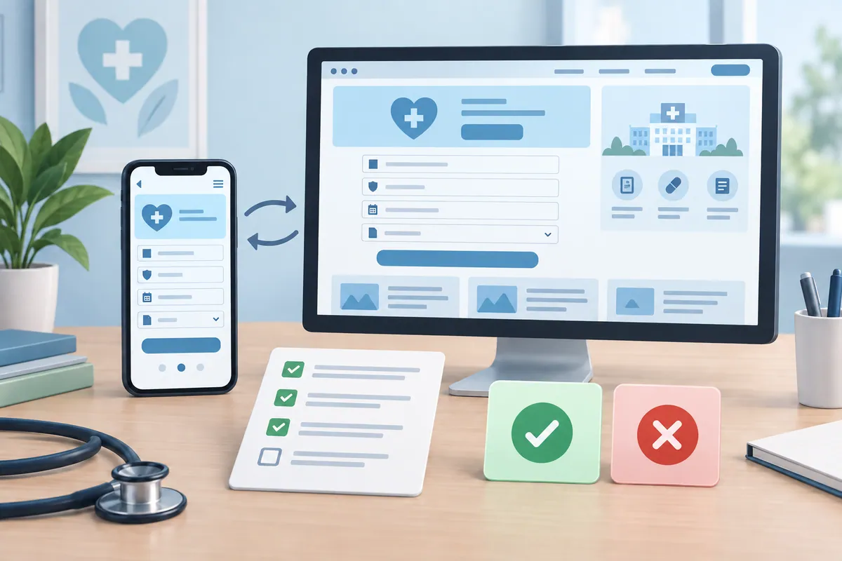 Healthcare website testing with desktop and mobile forms, a checklist and success and error states.