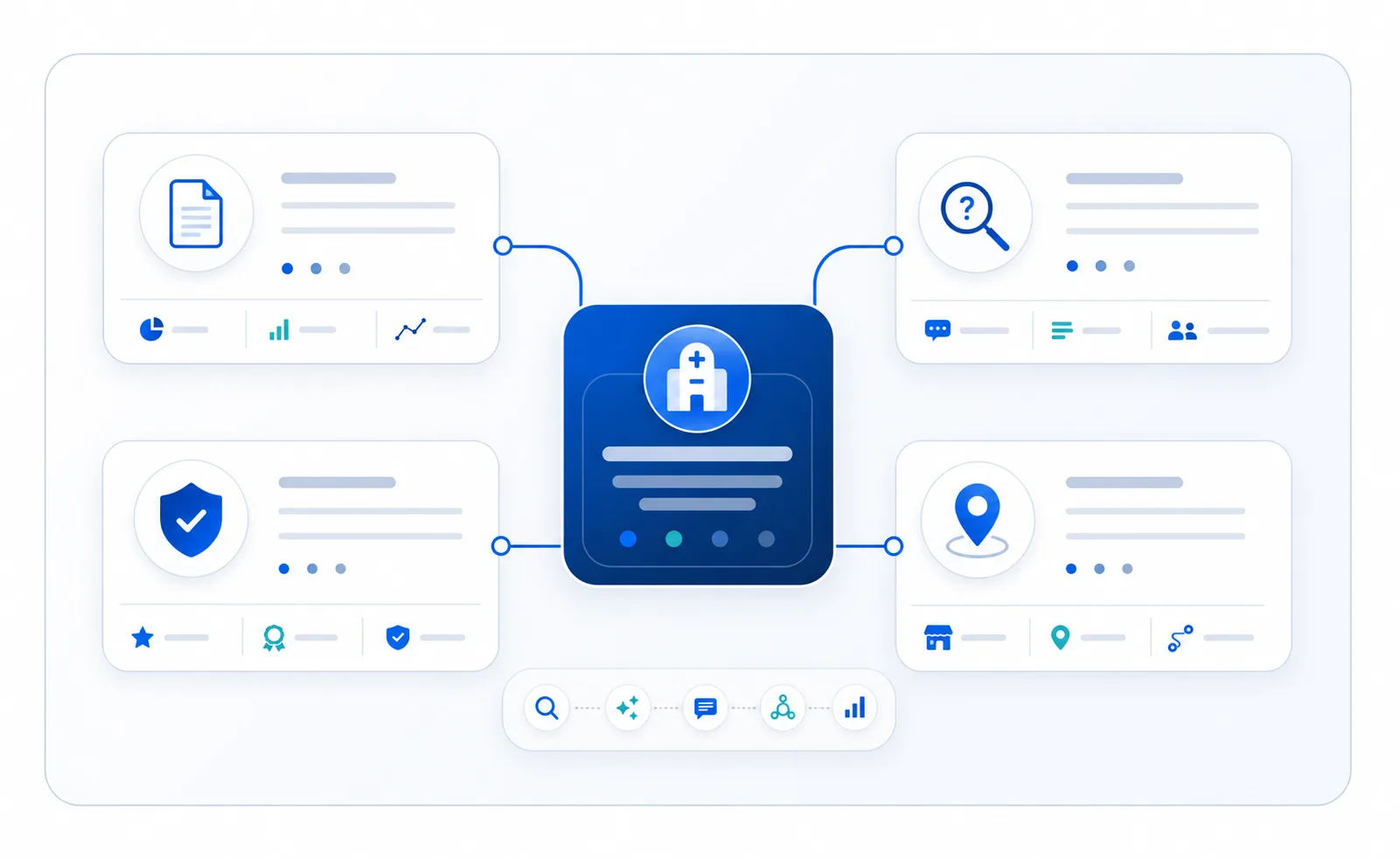 Abstract healthcare SEO consulting architecture showing clinic, trust, content and local visibility signals