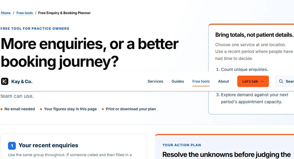 Free Enquiry and Booking Planner showing a fictional group of 40 enquiries, with bookings and open decisions kept separate.