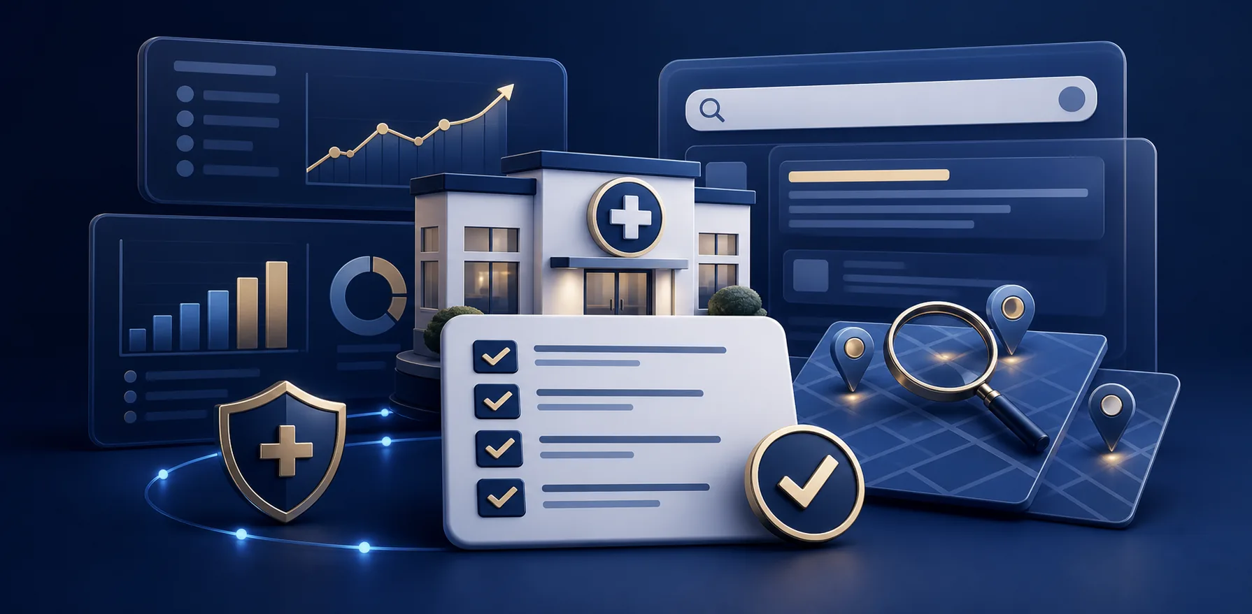 Symbolic clinic SEO checklist interface with search and verification panels