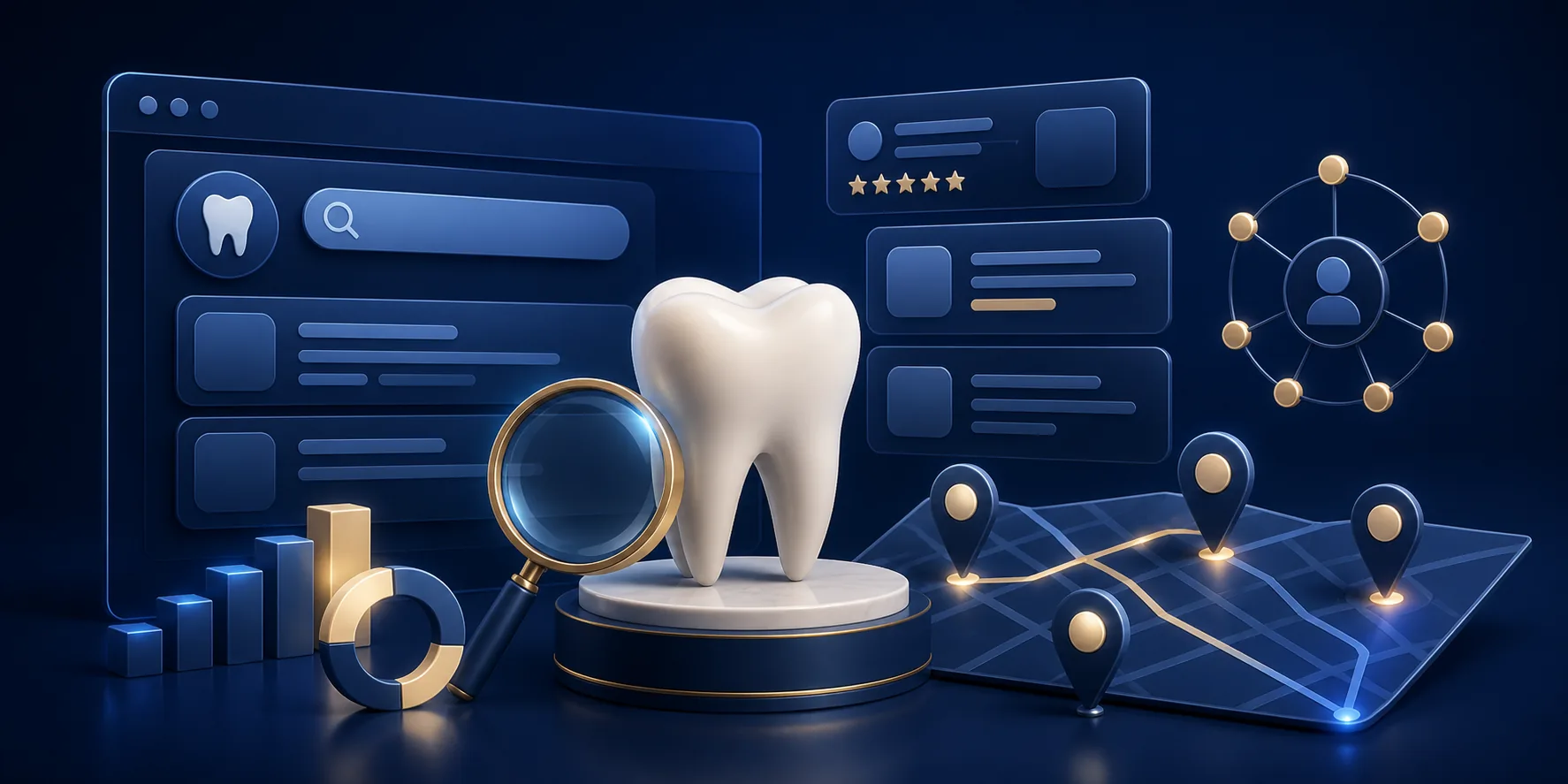 Symbolic dental SEO search system with local discovery and authority signals