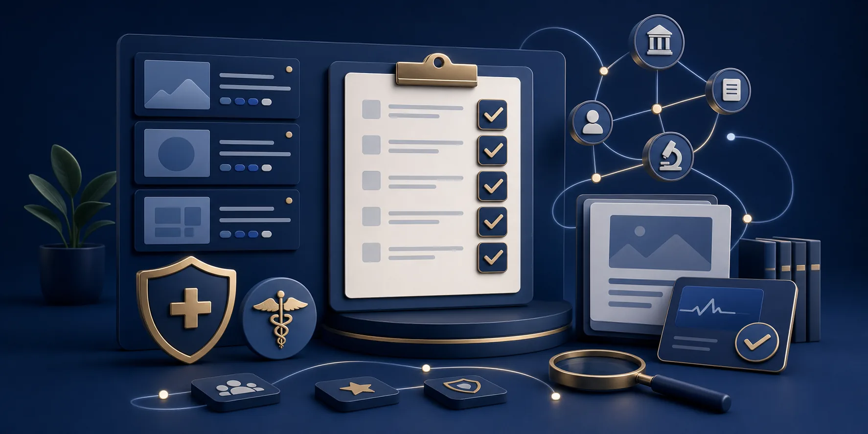 Symbolic healthcare content checklist with review cards and evidence nodes
