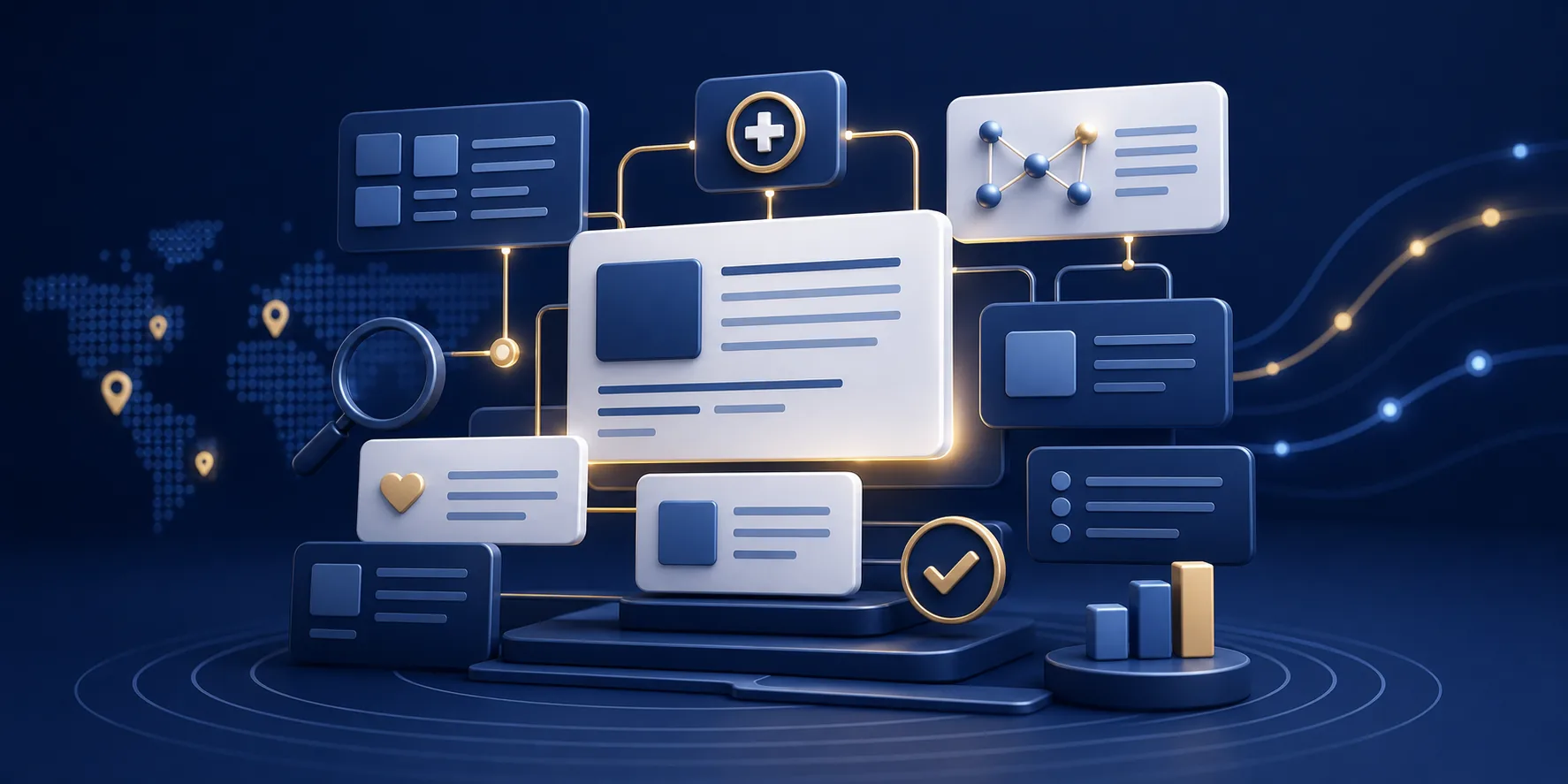 Symbolic healthcare content marketing architecture with connected content cards