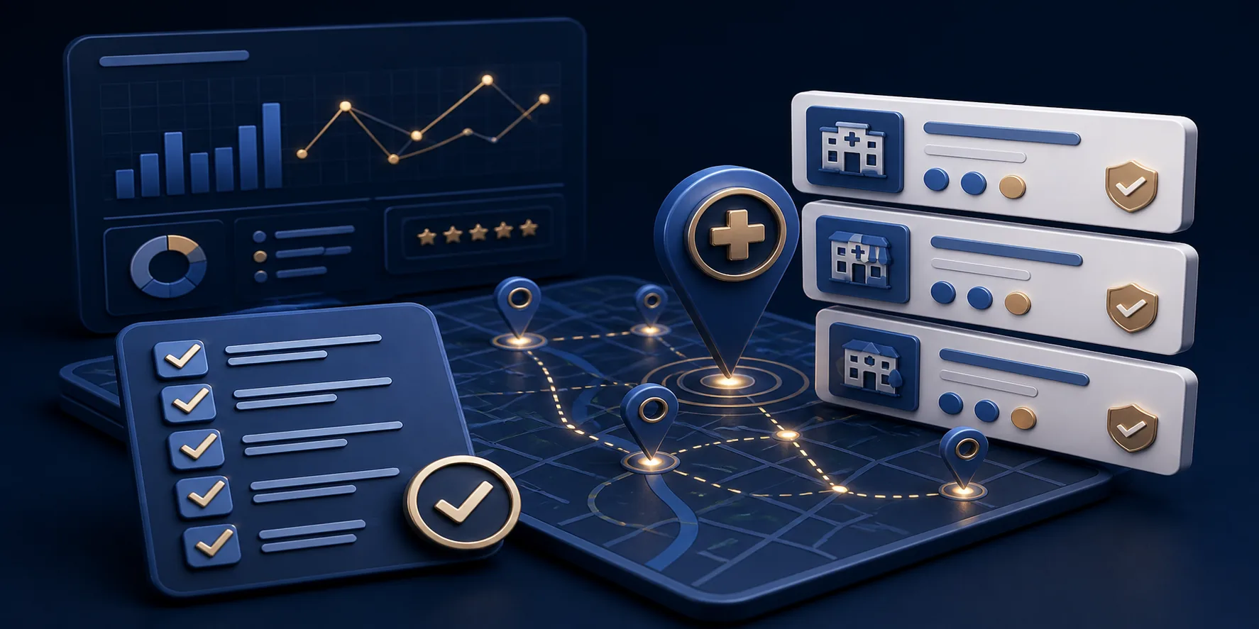 Symbolic healthcare local SEO checklist with map pins and listing cards