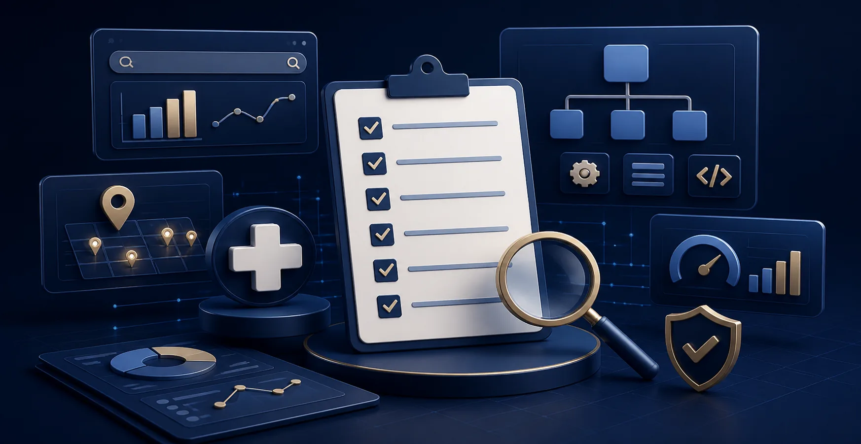 Symbolic medical SEO checklist with audit panels and verification marks