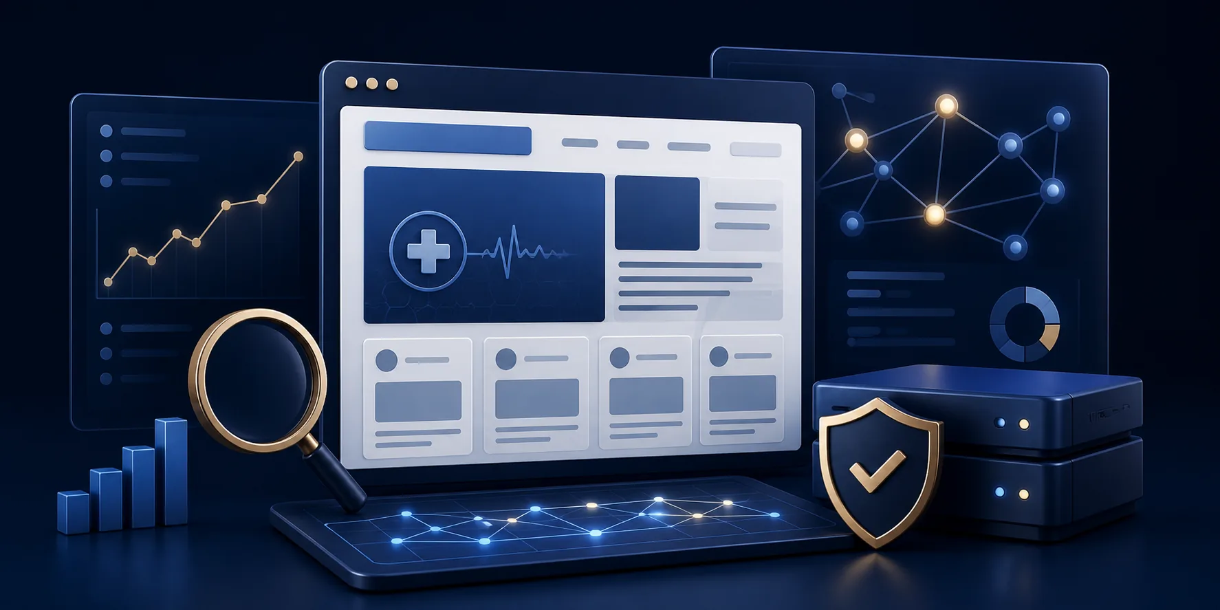 Symbolic medical website SEO system with search panels and authority nodes