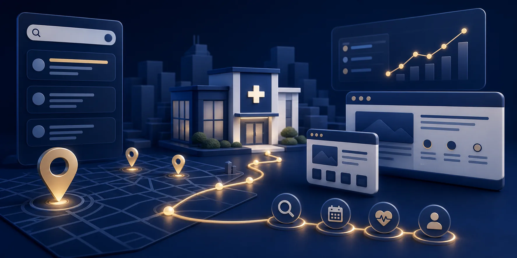 Symbolic medical practice SEO system with clinic search and local visibility signals